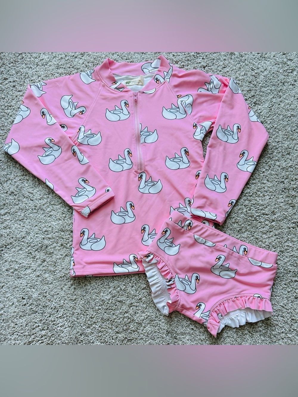 Pink Swan Print Rashguard Set - Long Sleeve Swim Top & Ruffle Bottoms size 6/7.